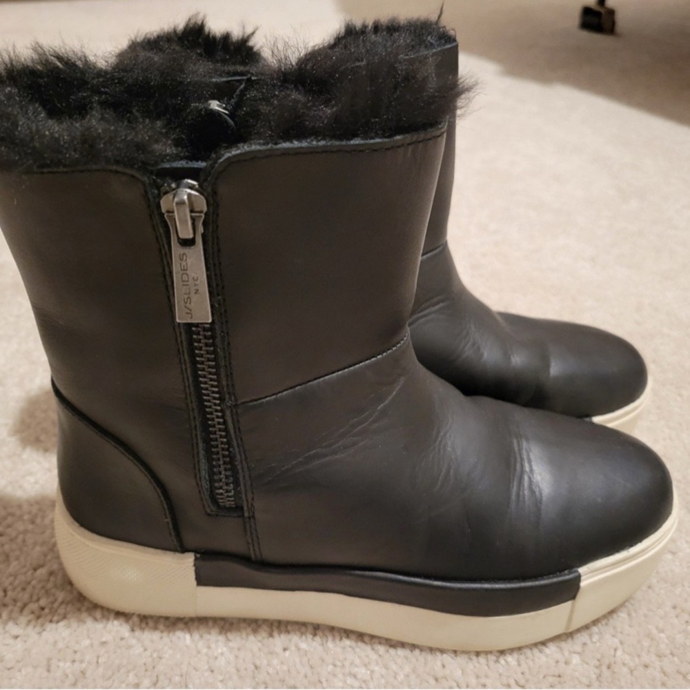 J/SLIDES Black Leather Winter Boots with Fur Trim